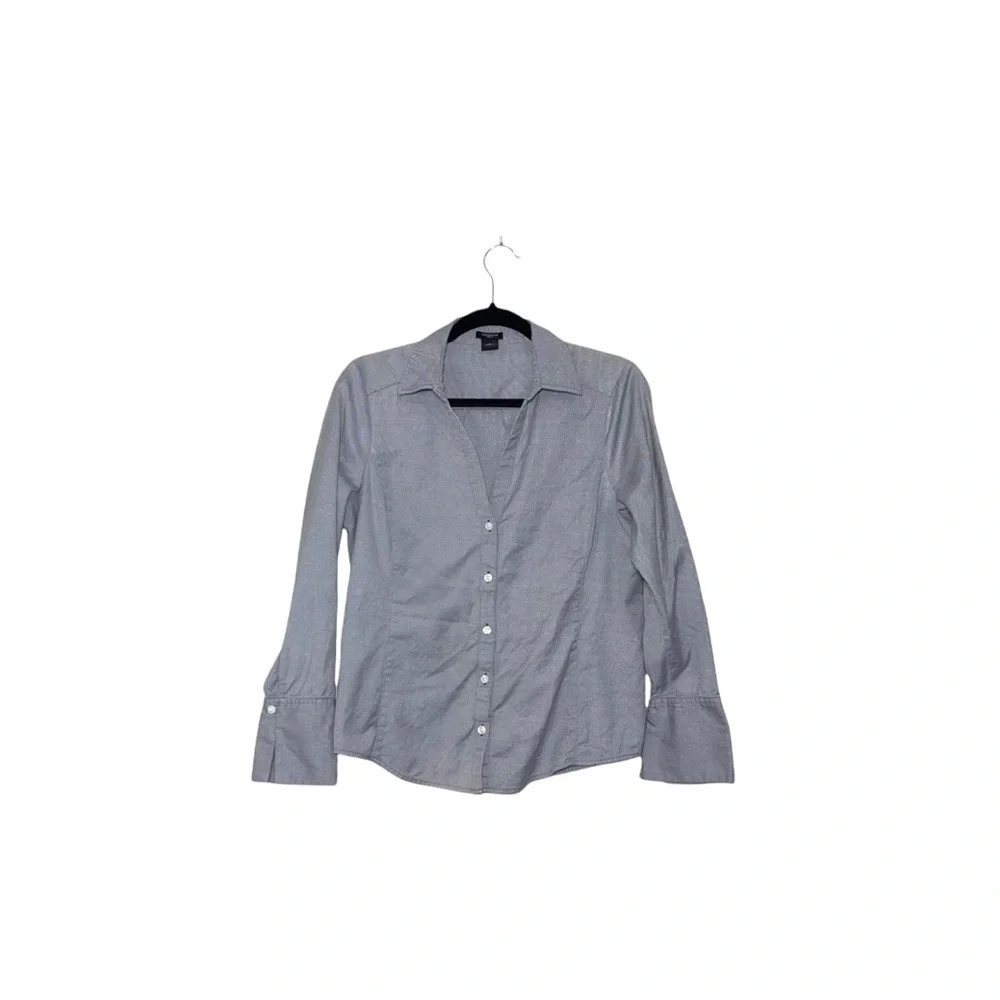Ann Taylor Factory Gray & White Striped Split Neck Button Down Top 10 Women’s